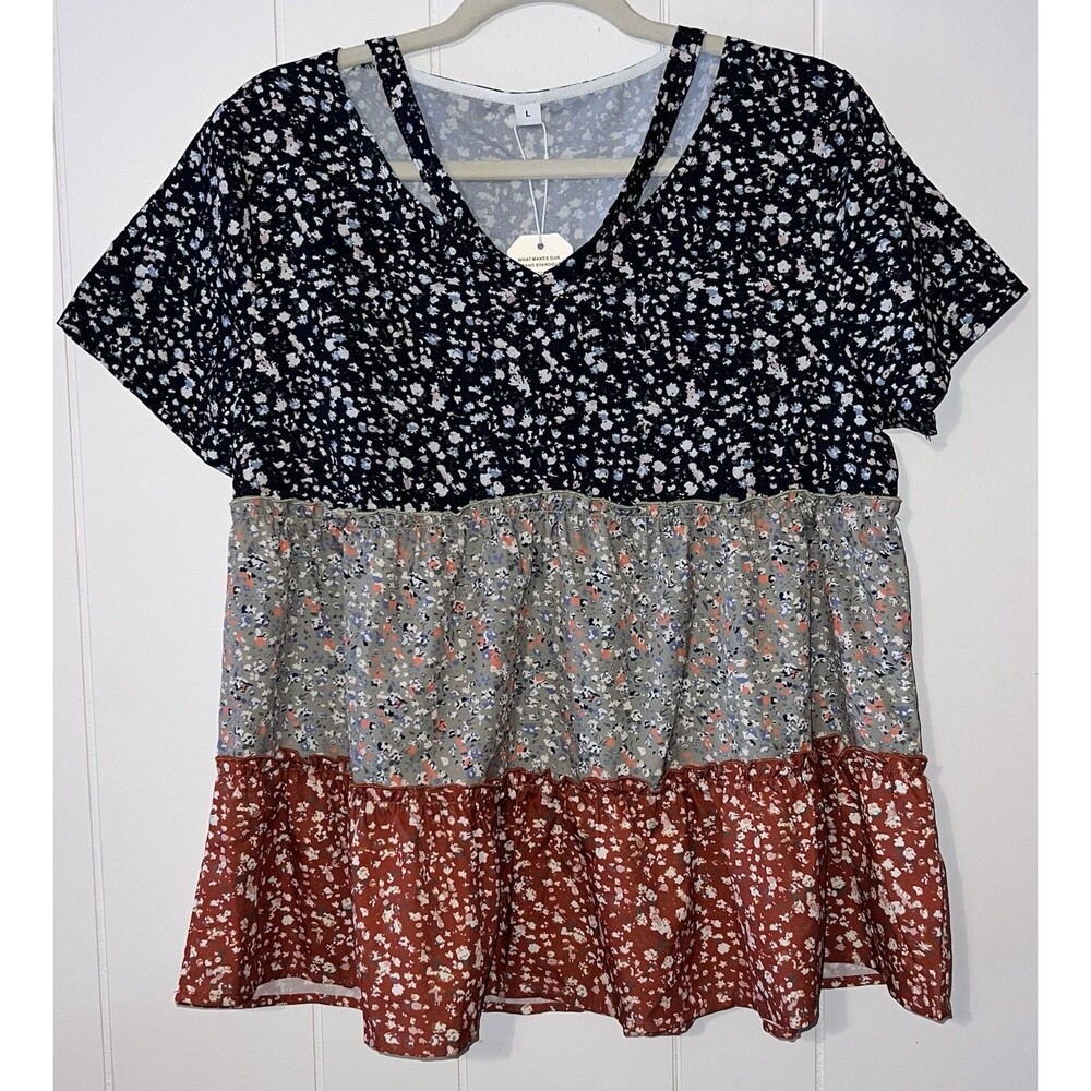 Ruffle Colorblock Floral Short Sleeve Blouse Sz Large Cut-Outs Blue Green Orange